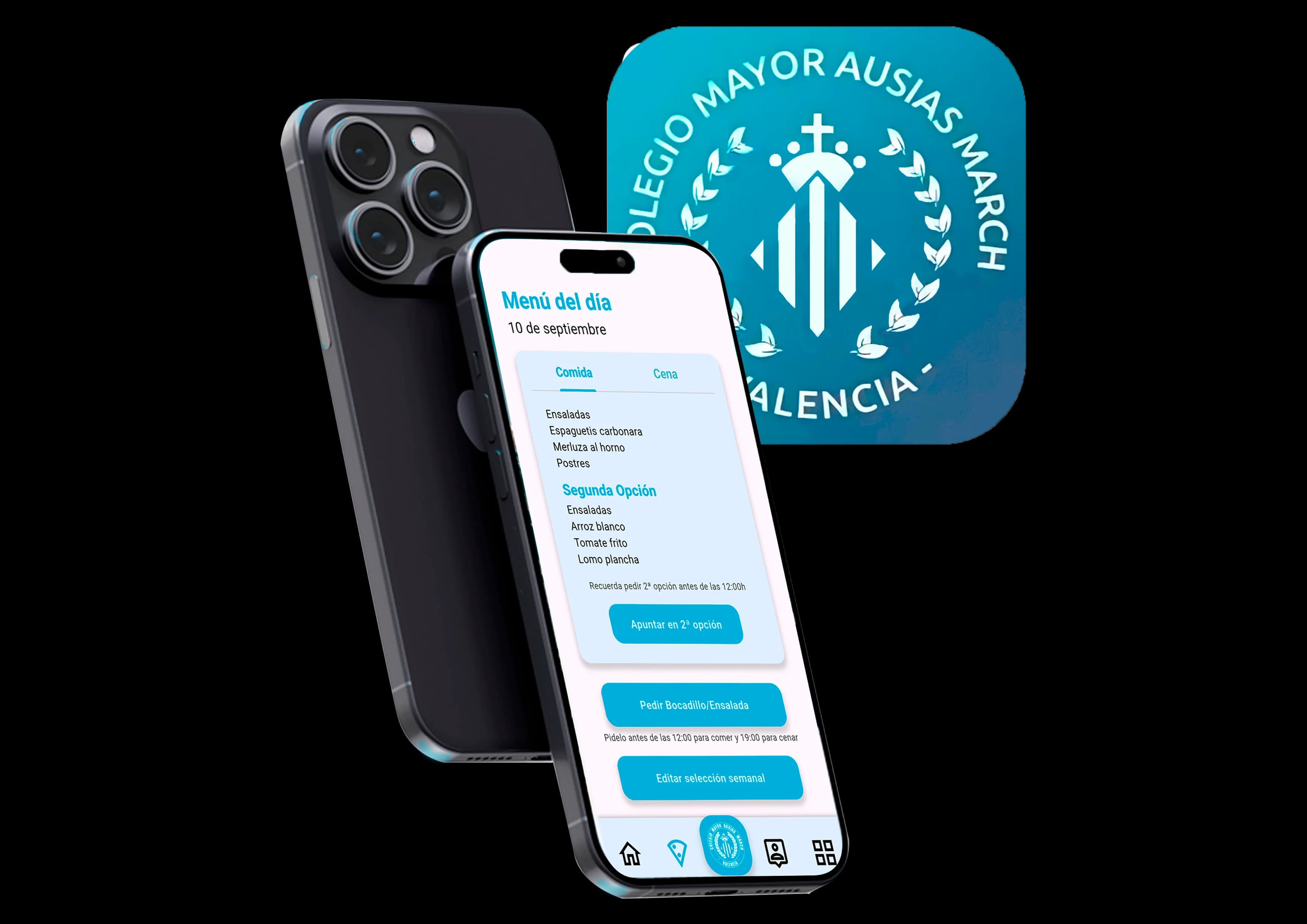 App del Colegio Mayor Ausias March mostrando el menú del día